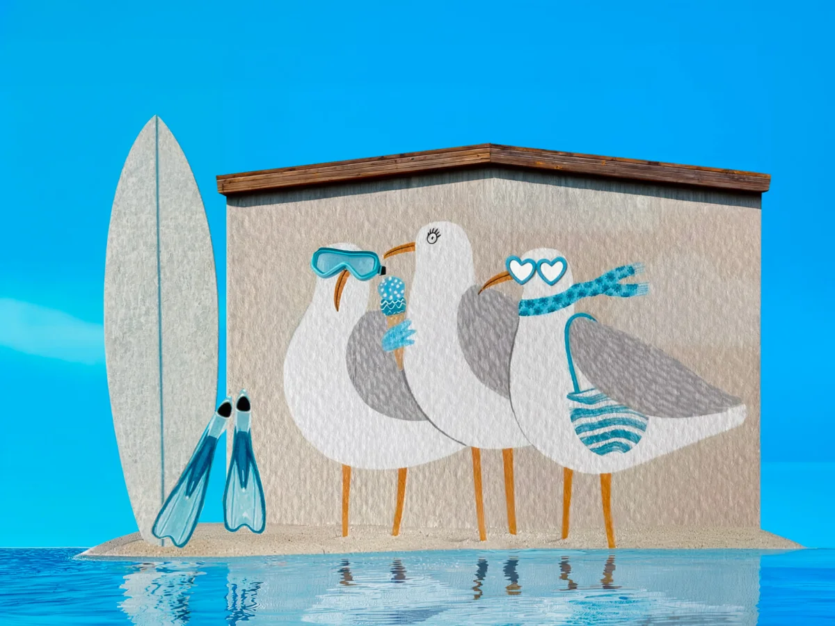 Wandmalerei mit drei Möwen an einer Strandhütte